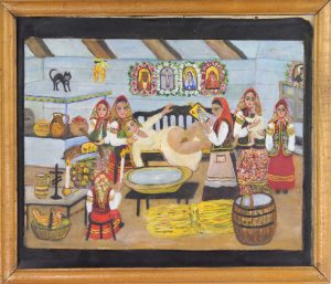 "Poród", Zofia Besz-Jary, brak daty, olej, płyta pilśniowa, 30x40 cm, fot. Adam Zakrzewski