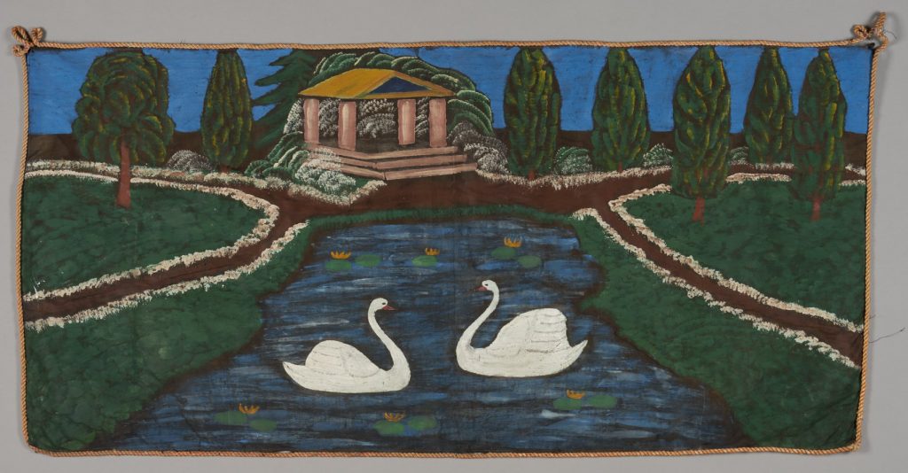 „Łabędzie na stawie parkowym”, ok. 1960 r., znal. Wielki Komórsk, Kociewie, satyna, olej, 69x143 cm
