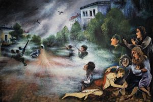 „Nalot na Warszawę”, 1955-1960 r., olej, płótno, 63x97,5 cm