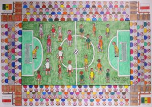 „Mecz piłki nożnej Polska – Senegal”, 2018, Paweł Garncorz, Katowice, woj. śląskie, kredki, ołówek, papier, 50x70 cm